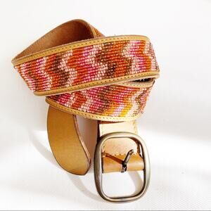 Lucky Brand Pink Orange Beaded Tan Leather Belt Medium